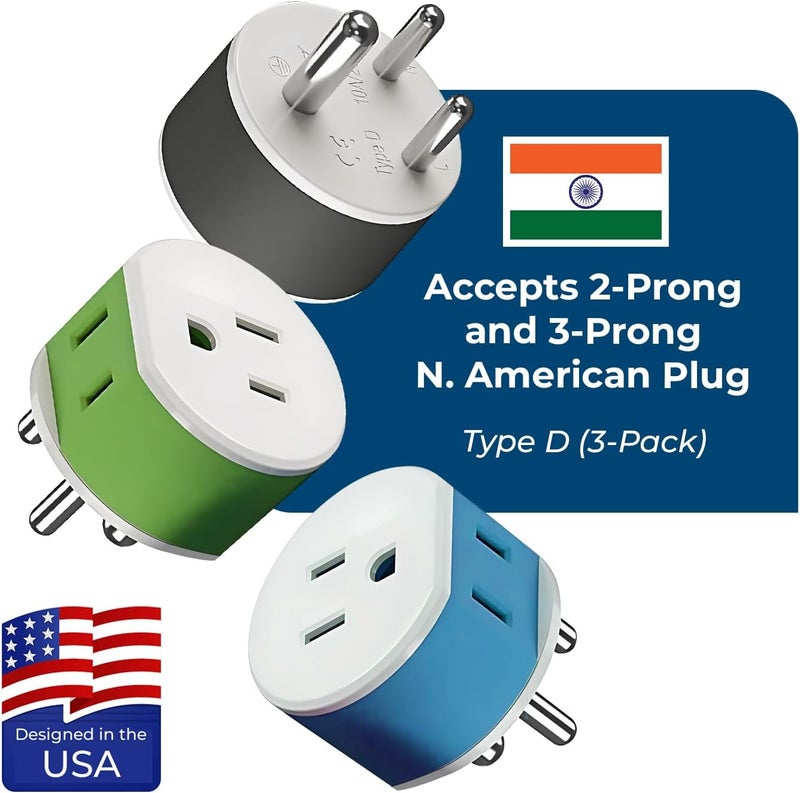 OREI India, Nepal, Maldives Power Plug Adapter with 2 USA Inputs - Travel 3 Pack - Type D (US-10) Safe Grounded Use with Cell Phones, Laptop, Camera Chargers, CPAP, and More - Image 4